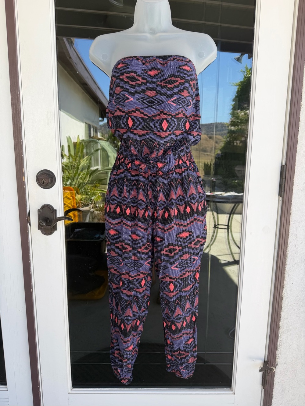 Strapless Printed Jumpsuit in Black & Purple